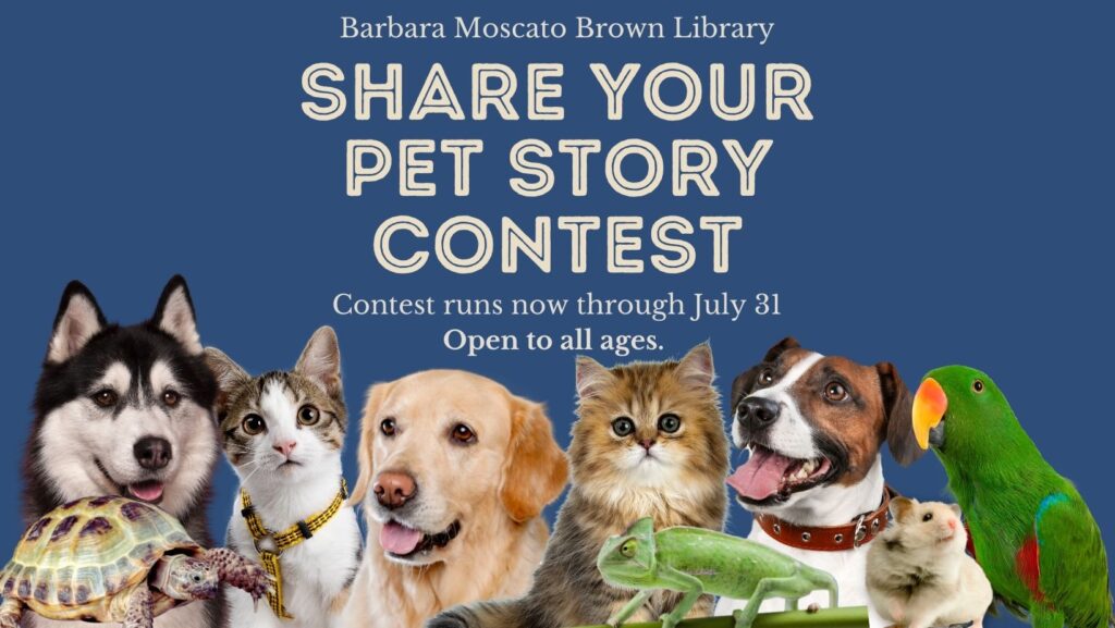 Image shows "Share Your Pet Story Contest" flyer which includes a husky, turtle, white and brown kitten, golden retriever