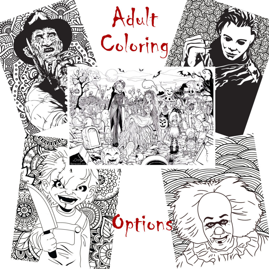 Adult/teen coloring sheet samples are shown - Freddy Kreuger, Michael Myers, a zombie couple wedding, Chucky, and Pennywise the clown.