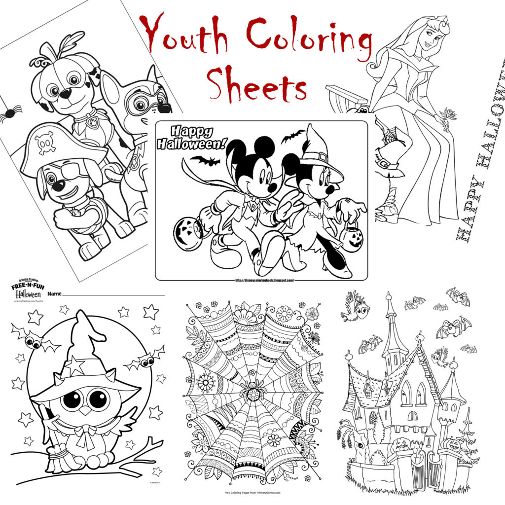Youth coloring sheet options shown in black and white - Paw Patrol characters, Disney Princess with pumpkin, Mickey and Minnei mouse in cosume, little owl in witch hat, spiderweb zentangle, and spooky house,