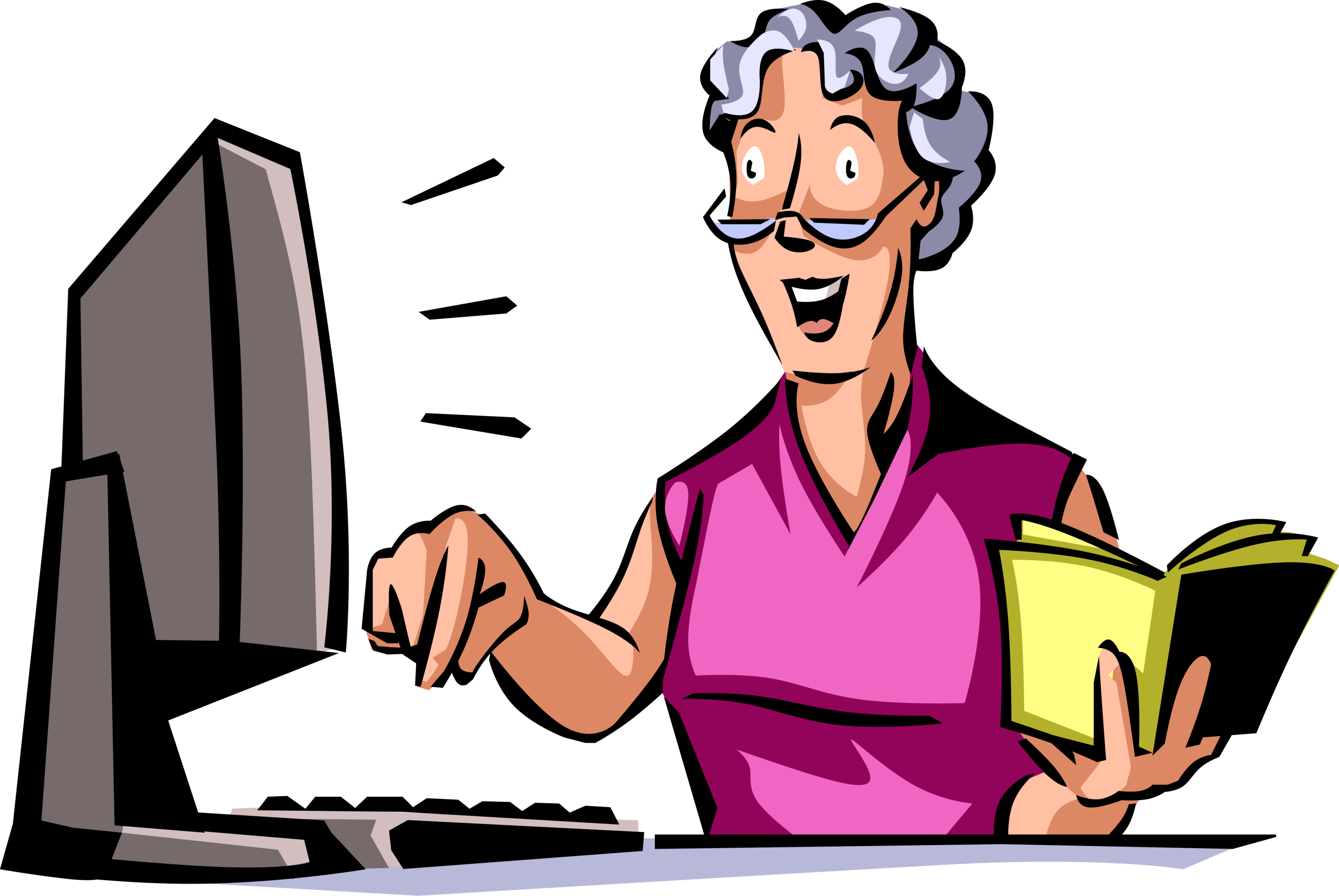 Vector image of woman with white hair and glasses in front of computer screen with excited expression.