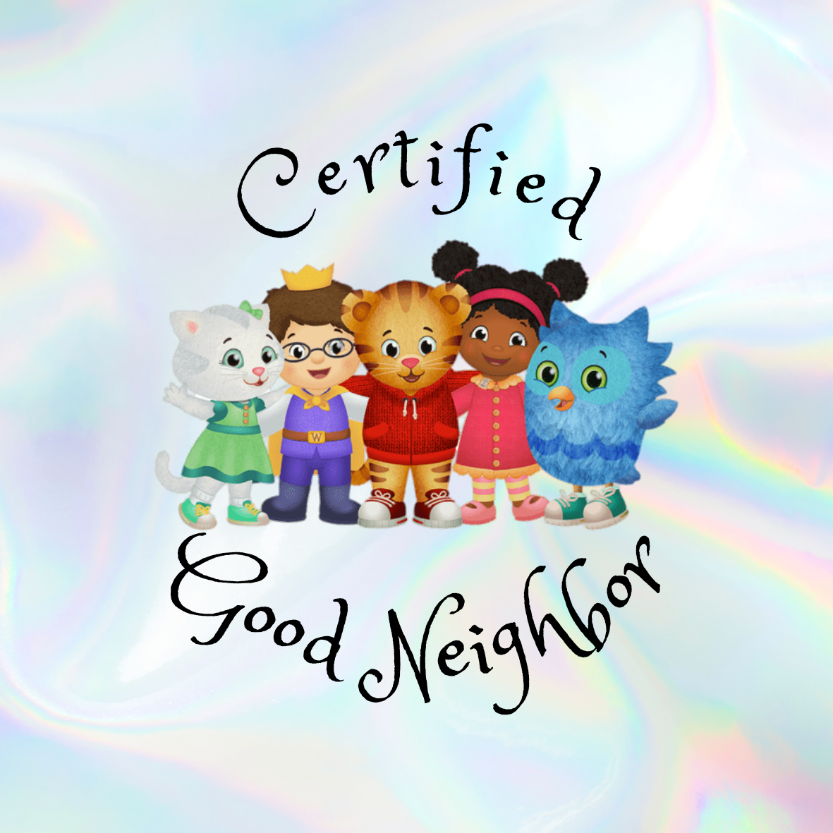 Characters from Daniel Tiger's Neighborhood hug each other surrounded by the text 
