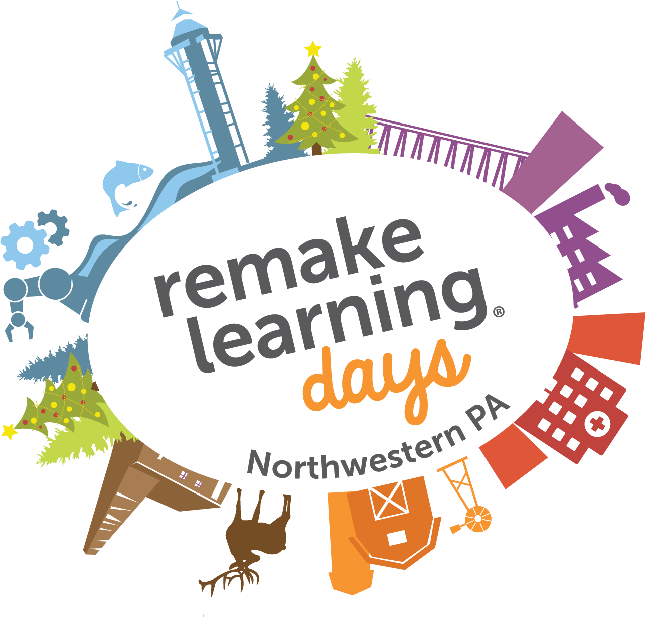 Remake Learning Days Northwestern PA Logo. Text is surrounded by colorful scenes depicting PA.